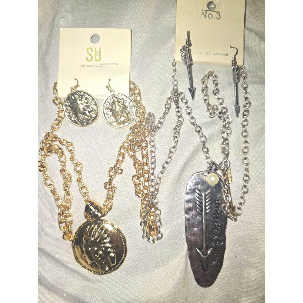 SU Gold/Silver Tone Necklace & Earrings Set, Arrow/tribal/ Native Theme